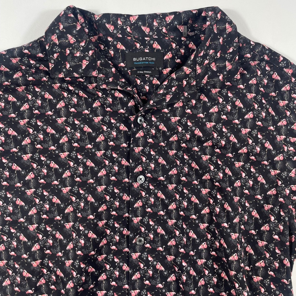 Bugatchi Button Up Shirt Mens Large OoohCotton Tech Flamingo Print Stretch Black